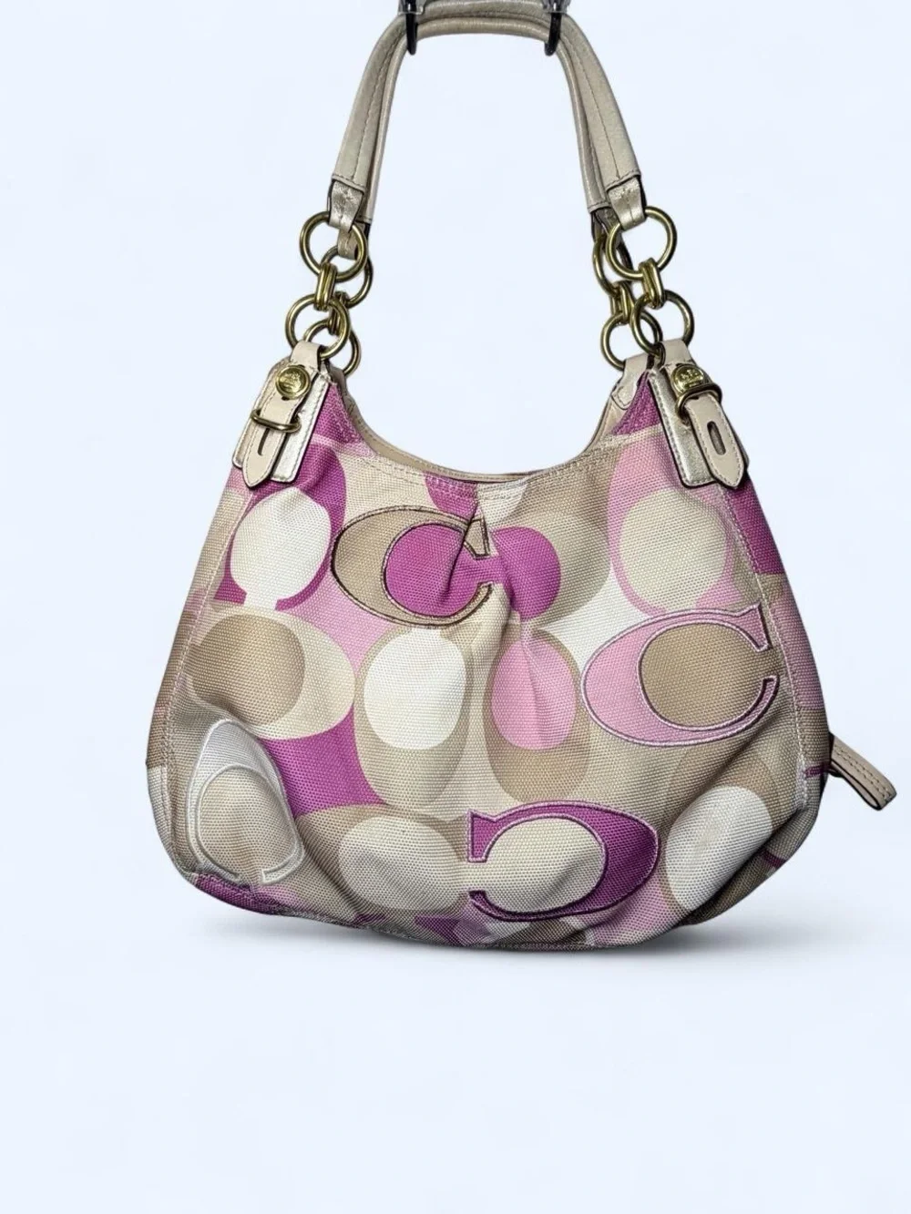 Coach Pink and Beige Signature C Hobo with Gold Hardware